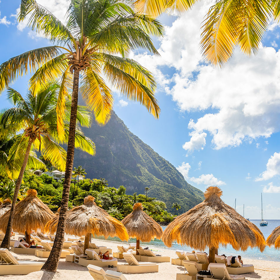 Straw canopies on a beach in St. Lucia